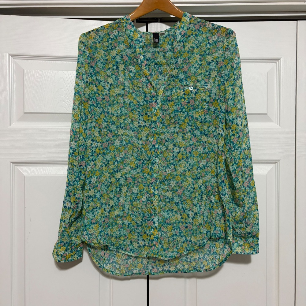 KUT from the Kloth Floral Blouse Women M Green Yellow Shear Relaxed Core Coastal